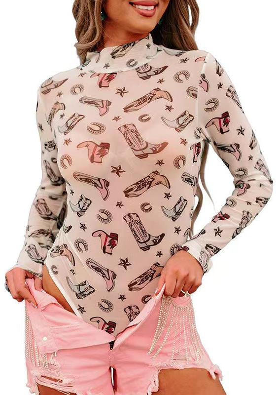 Western Print Mesh Bodysuit
