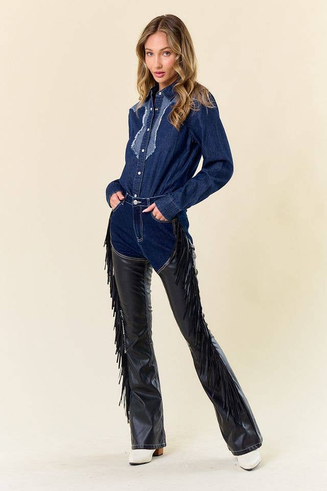 Denim Fringe Pants with Built In Black "Chaps"
