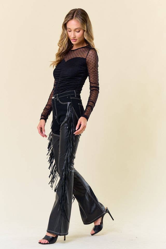 Denim Fringe Pants with Built In Black "Chaps"