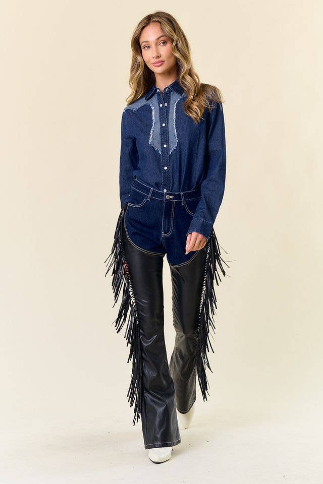 Denim Fringe Pants with Built In Black "Chaps"