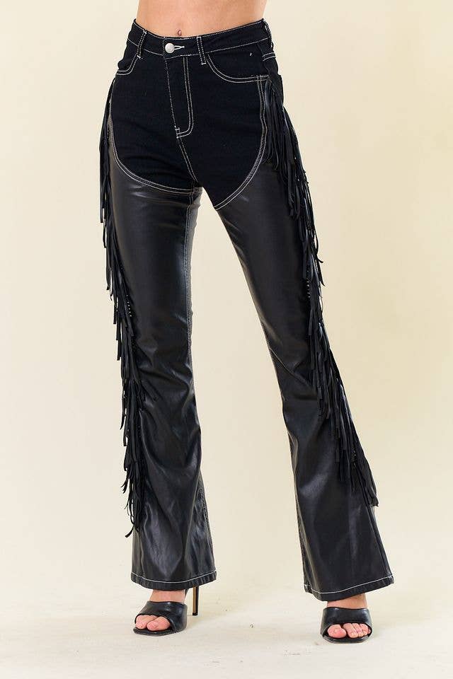 Denim Fringe Pants with Built In Black "Chaps"