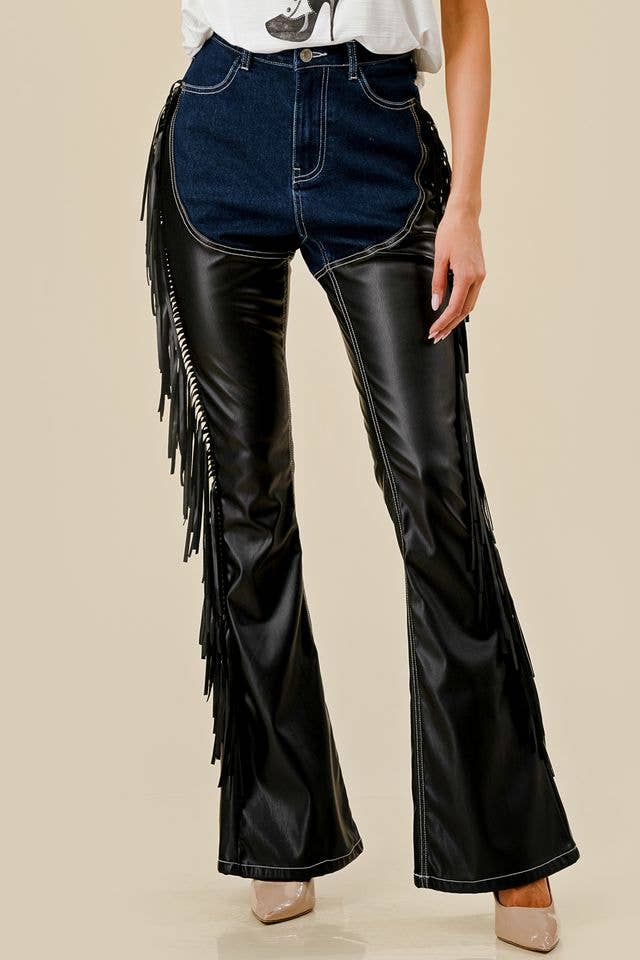 Denim Fringe Pants with Built In Black "Chaps"