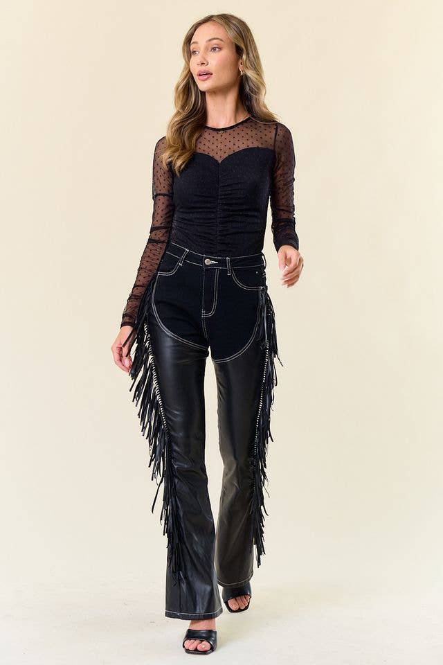 Denim Fringe Pants with Built In Black "Chaps" Western Heritage Denim Fringe Pants with Built In Black "Chaps" Western Heritage