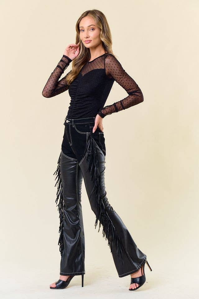 Denim Fringe Pants with Built In Black "Chaps"