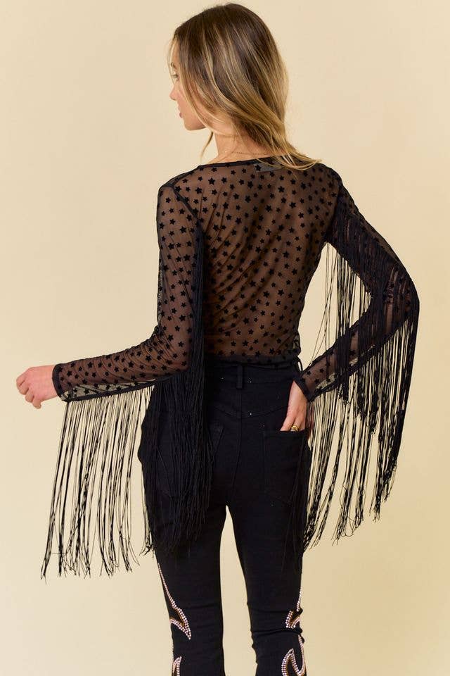 Fringe Sleeve Mesh Top