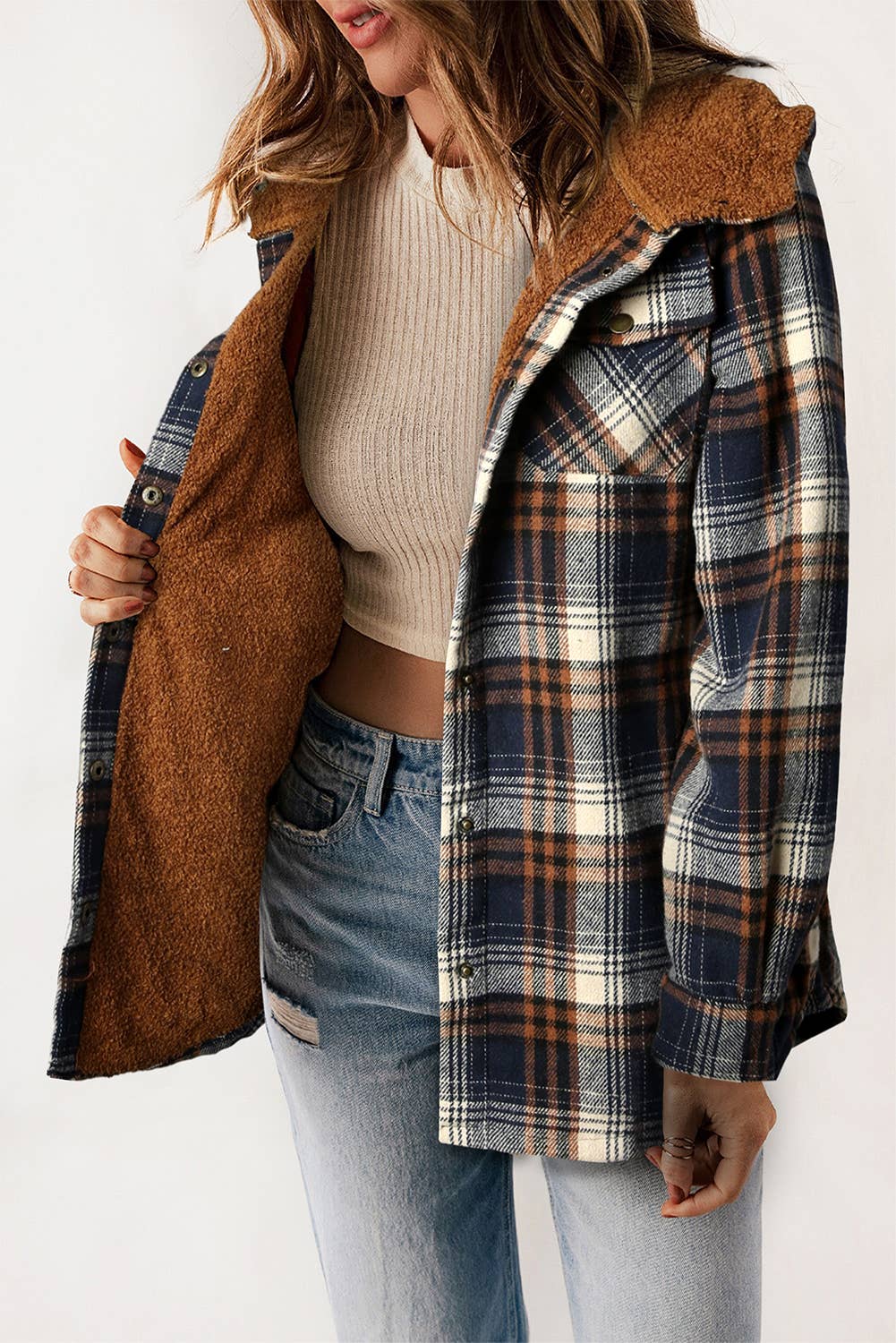 Navy Plaid Sherpa Lined Hooded Jacket