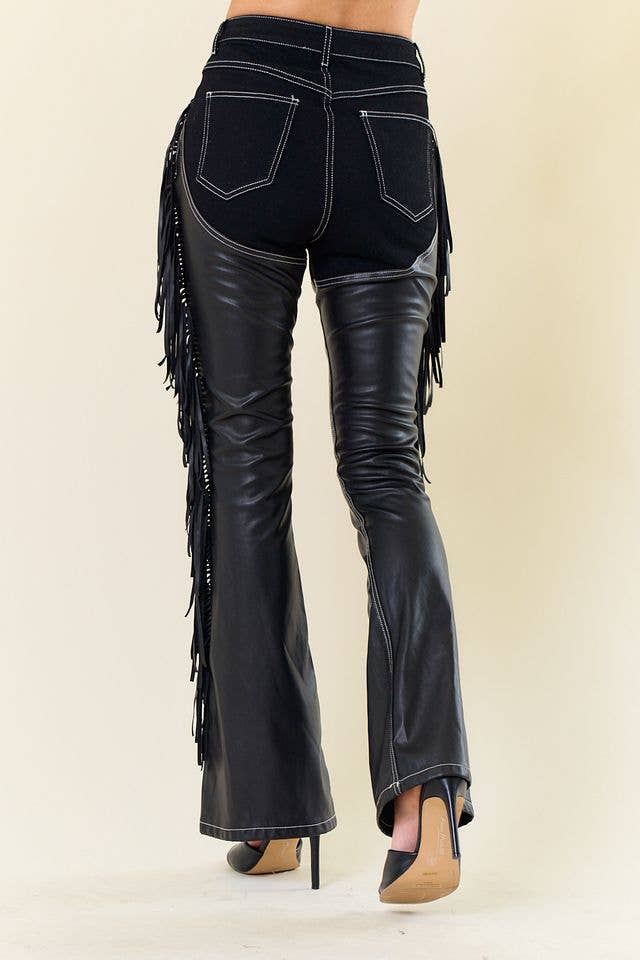 Denim Fringe Pants with Built In Black "Chaps"