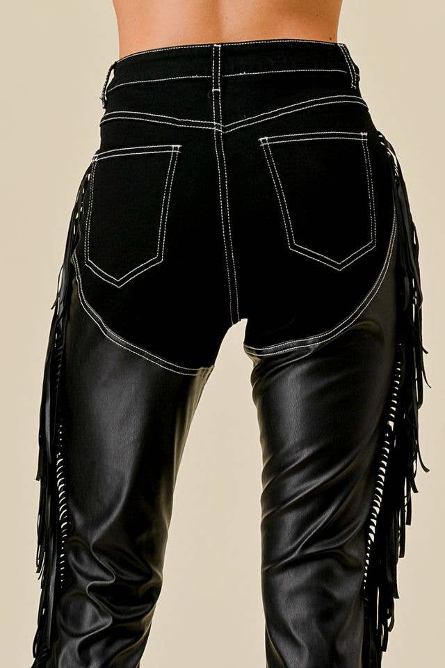 Denim Fringe Pants with Built In Black "Chaps"