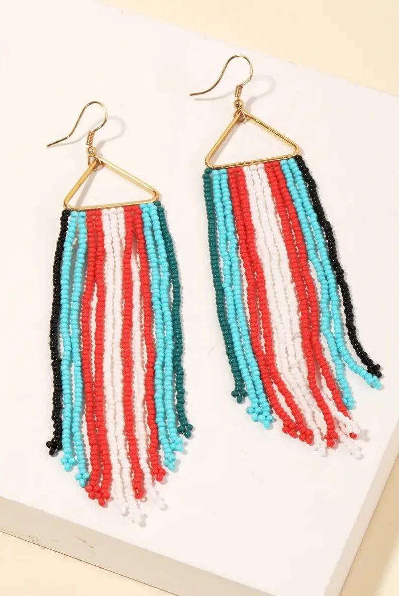 Triangle Multi Color Beaded Fringe Earrings