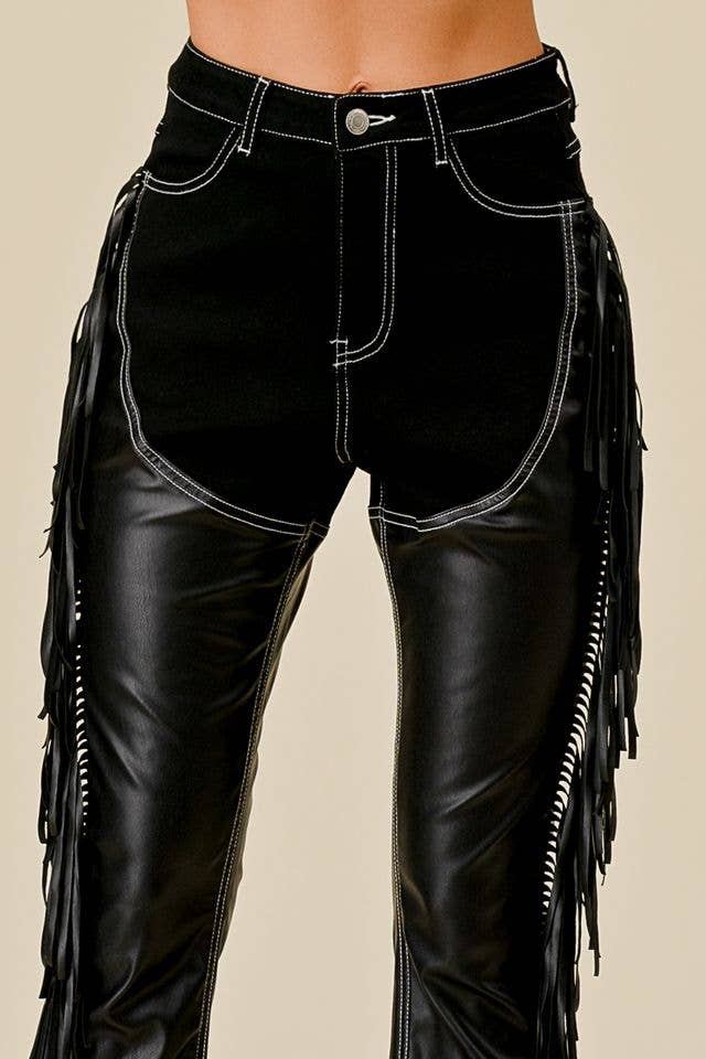 Denim Fringe Pants with Built In Black "Chaps"