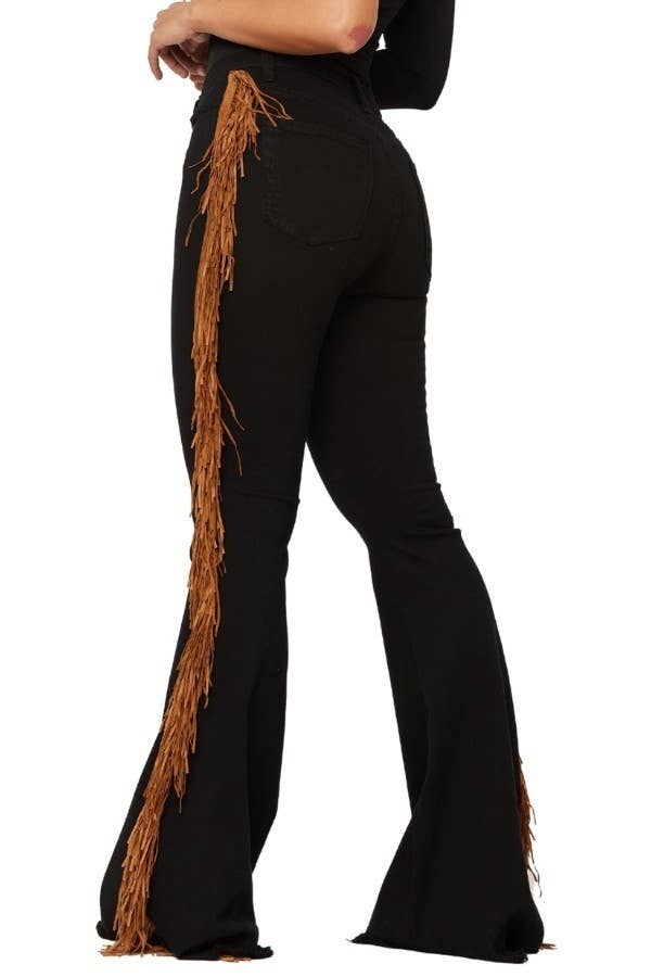 Fringe Bell Bottom Jean in Black Denim