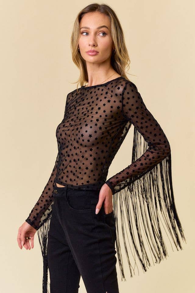 Fringe Sleeve Mesh Top