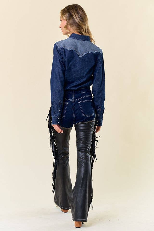 Denim Fringe Pants with Built In Black "Chaps"