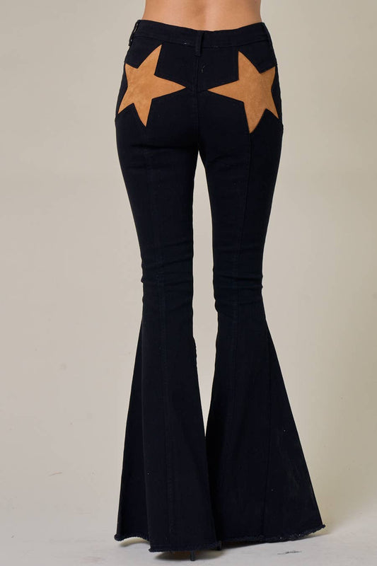 Black Denim Flared Jeans with Suede Stars