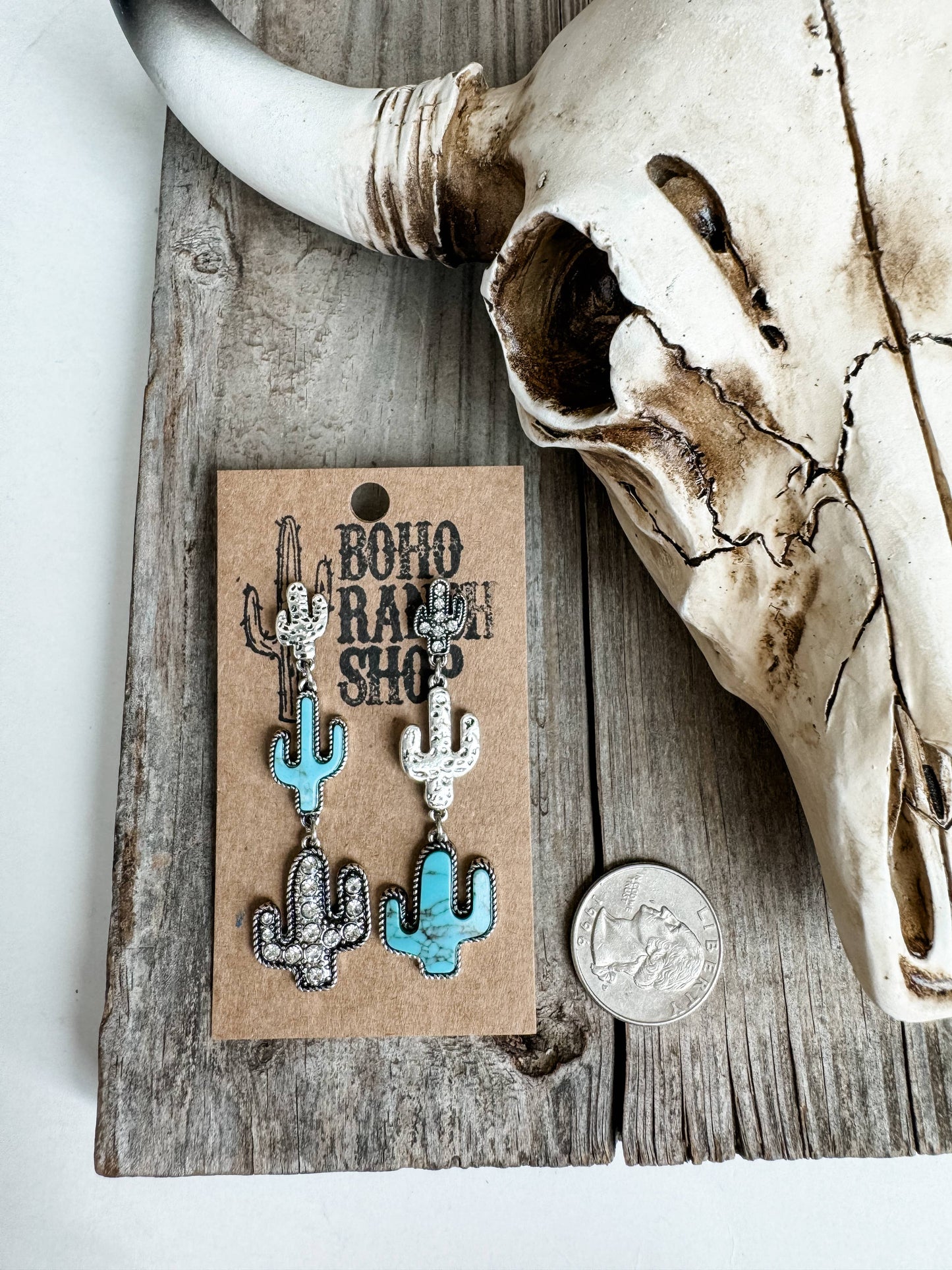 Western Cactus Stone Drop Stud Earrings
