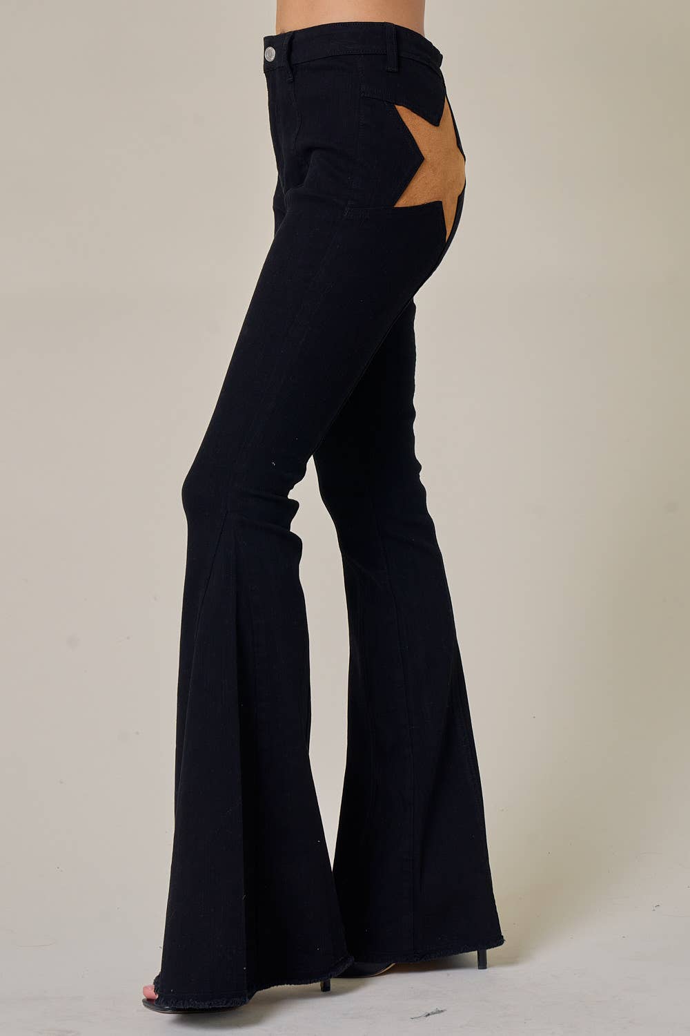 Black Denim Flared Jeans with Suede Stars