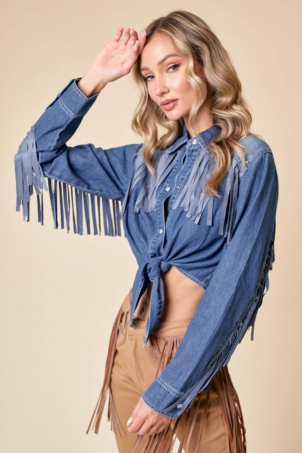 Western Denim Fringe Tie Front Cropped Shirt