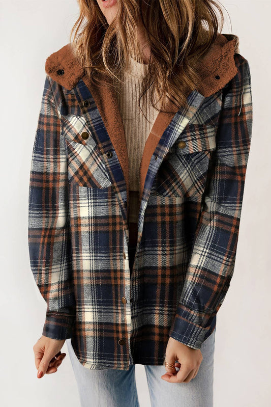 Navy Plaid Sherpa Lined Hooded Jacket