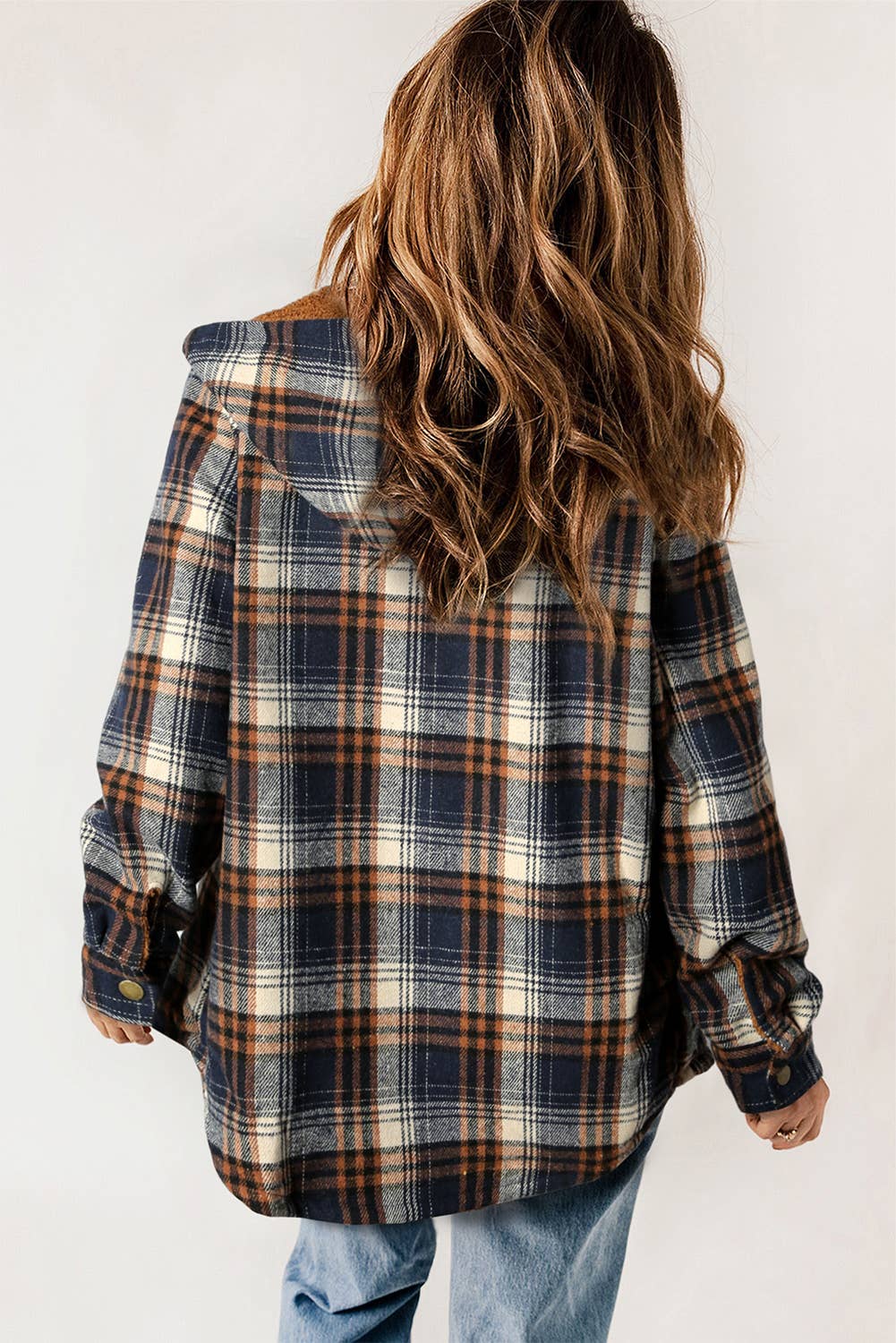 Navy Plaid Sherpa Lined Hooded Jacket