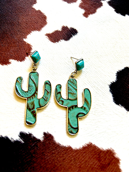 Cactus Embossed Turquoise Western Style Earrings
