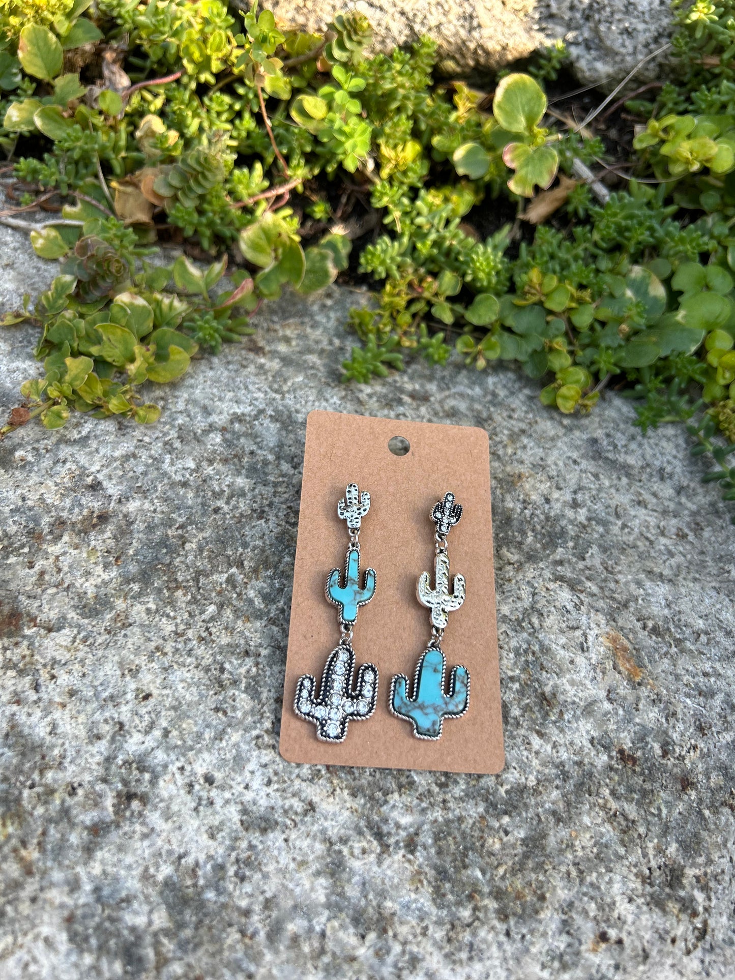 Western Cactus Stone Drop Stud Earrings