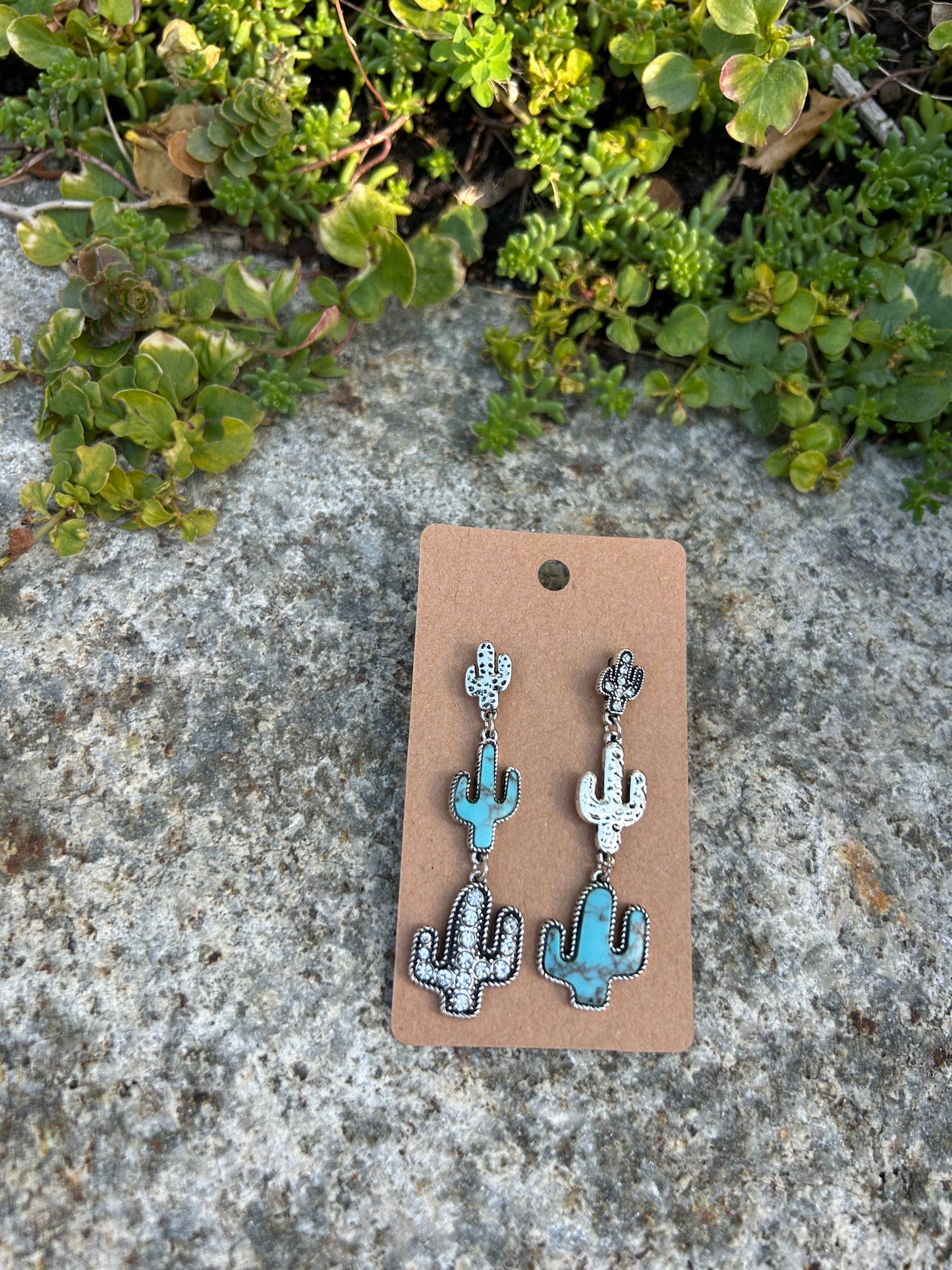 Western Cactus Stone Drop Stud Earrings