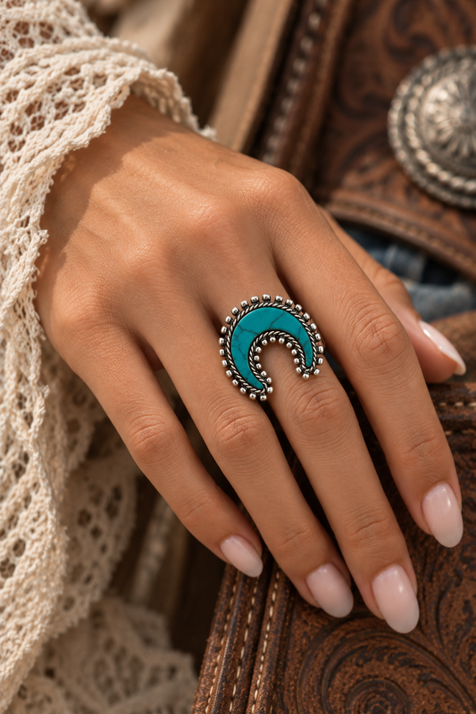 Moon Shape Turquoise Stone Western Ring