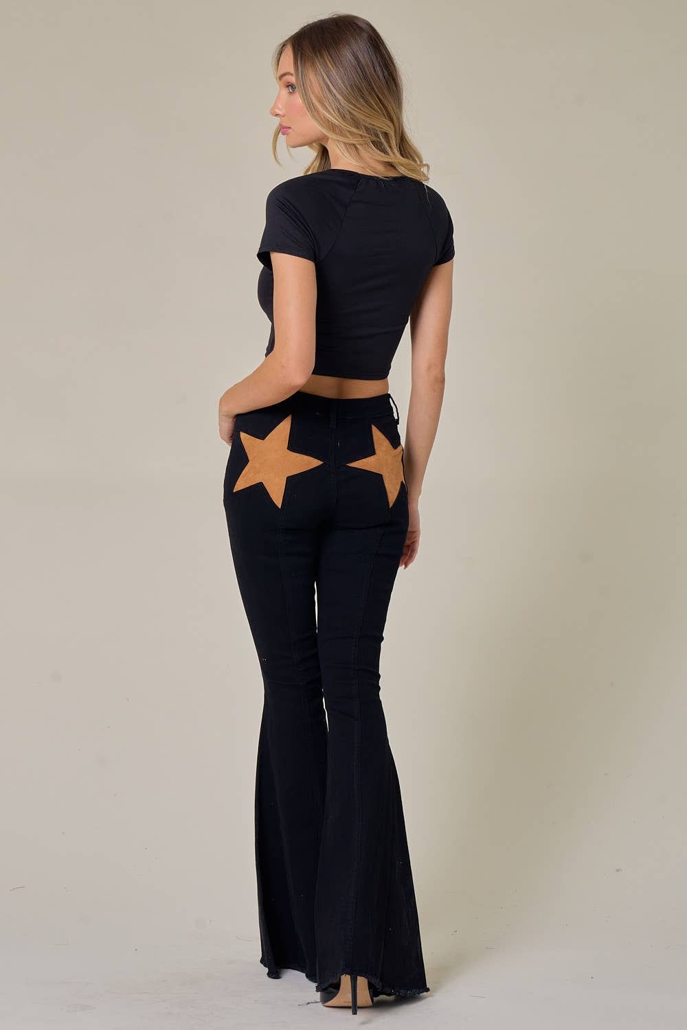 Black Denim Flared Jeans with Suede Stars