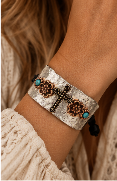 Cross Flower Turquoise Western Bracelet Cuff
