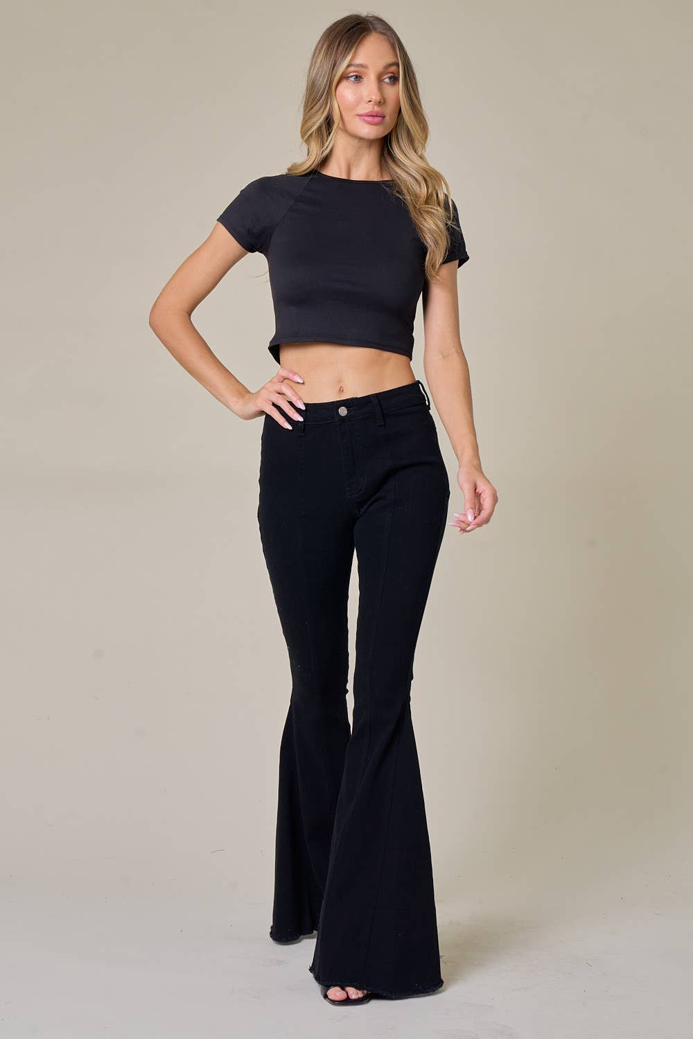 Black Denim Flared Jeans with Suede Stars